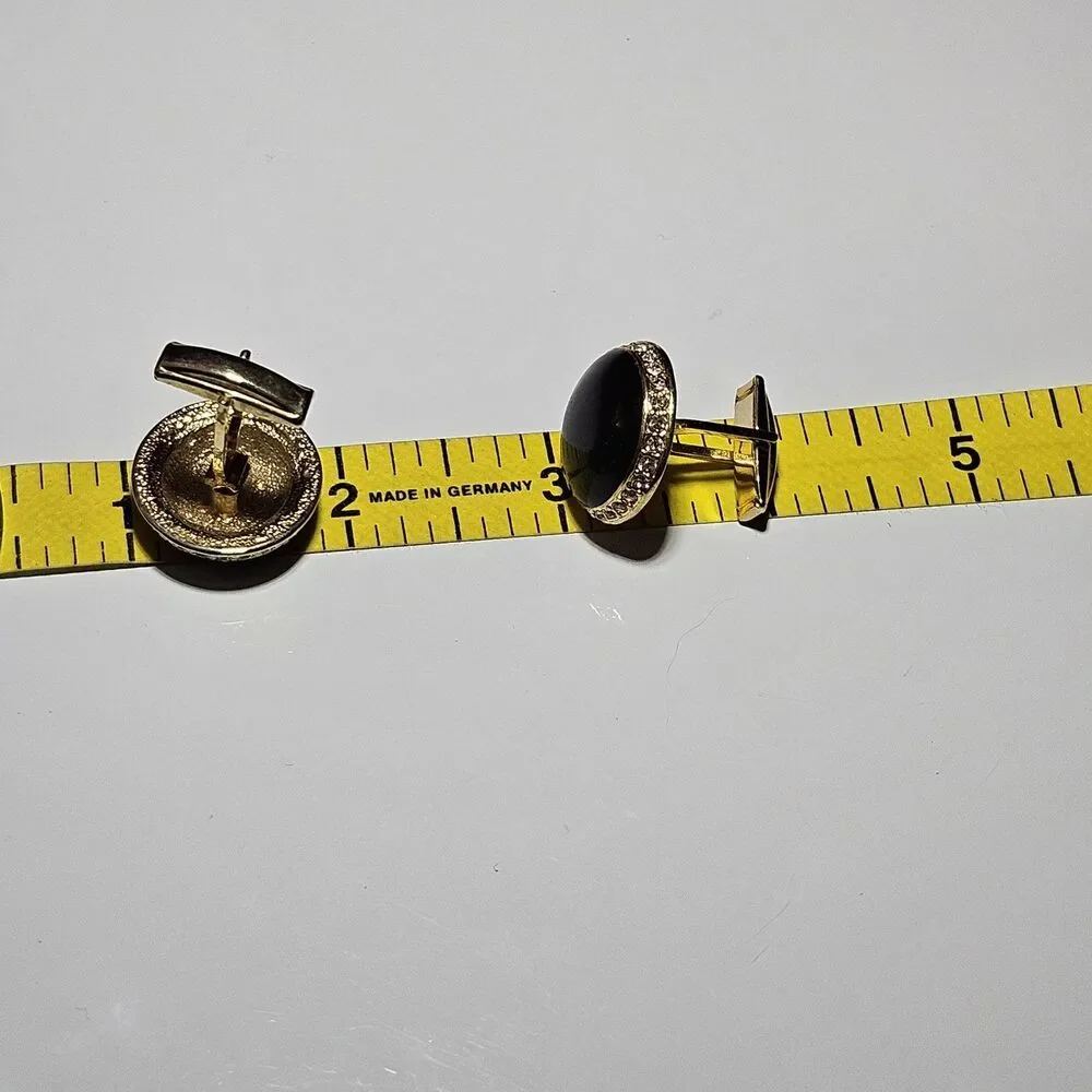 Vtg Gold Tone Cufflinks Black Carbochon Circle Stone Clear Rhinestone Accents